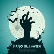 Happy Halloween design with zombie hand bats graves moon