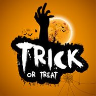 Trick or treat Halloween design with zombie hand bats graves