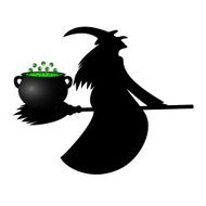 witch pot luck potion on her broom for Halloween