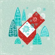 Vintage card with gift box Christmas trees and snowflakes N2