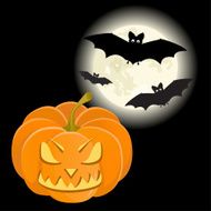 Halloween holiday card with scary pumpkin and bats