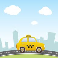 Taxi on city background