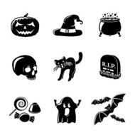 Set of monochrome HALLOWEEN icons -pumpkin witch hat cauldron skull