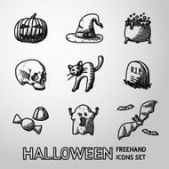 Set of freehand HALLOWEEN icons -pumpkin witch hat cauldron skull