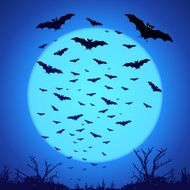 Black bats silhouettes on big blue moon at dark background