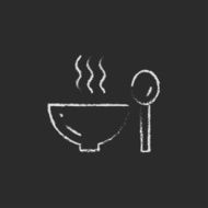 Bowl of hot soup with spoon icon drawn in chalk N3