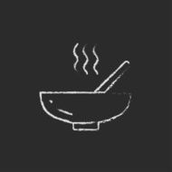 Bowl of hot soup with spoon icon drawn in chalk N4