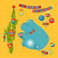 Hippo with cactus and christmas decorations Happy Holidays!