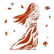 sketch of a girl among falling autumn leaves N2