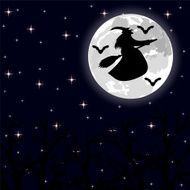 witch flying on a broom full moon