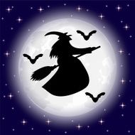 silhouettes of witches and bats on a background the moon