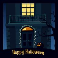 Halloween card invitation with haunted old house and jack-o-lantern vector