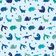 Vector Blue Dinosaurs Silhouettes Seamless Pattern Cute Baby Tyrannosaurus Playful N2