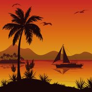 Tropical Sea Landscape with Palms and Ship