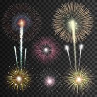 Set of isolated realistic vector fireworks
