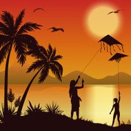 People with Kites on tropical beach