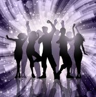 Silhouettes of party people on abstract swirl background