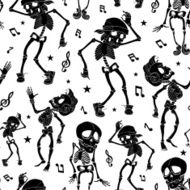 Vector Black White Dancing Skeletons Seamless Pattern Halloween Disco Spooky N2