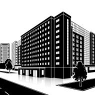 silhouette office building with an entrance and reflection N12