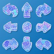 Set of blue and white vector doodle ornate arrows