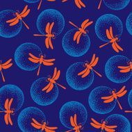 Seamless pattern with orange dragonflies and dotted round N2
