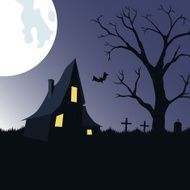 Halloween background with haunted house tree and cemetery