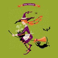 Little witch on broom with cauldron and cat Happy halloween