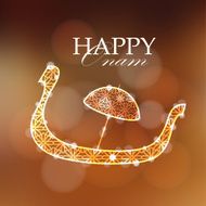 Happy onam card invitation with decorative silhouette of snake boat