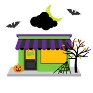 Vector Halloween Shop with Pumpkins Moon and Spooky Accessories