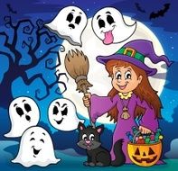 Cute witch and cat with ghosts 2