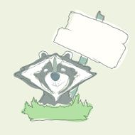 Cartoon Character Racoon with wooden poster Isolated on White Background