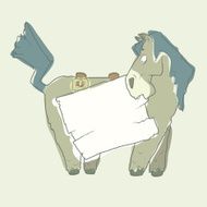 Cartoon Character Horse with Wooden Poster Isolated on White Background