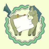 Hand Drawn Label of Character Horse with wooden poster Isolated