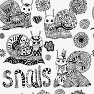 Seamless pattern with hand-drawn snails and flowers N2
