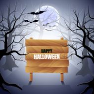 Foggy forest with wooden sign Halloween background