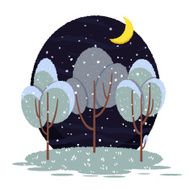 Cute vector illustration with winter snowy trees at night