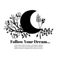 Moon and arrows leaves branches label on white background Follow N2