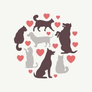 Cats and dogs vector silhouette round composition