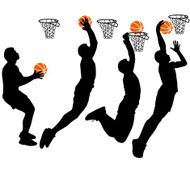 Black silhouettes of men playing basketball on a white backgroun