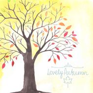 Watercolor Autumn tree with falling down leaves