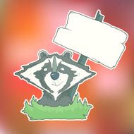 Cartoon Character Racoon with wooden poster Isolated on Color Blurred