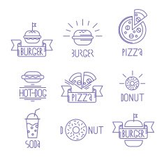 Vector fast food design elements Linear style Outline emblems