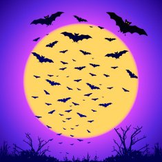 Black bats silhouettes on big yellow moon at purple background