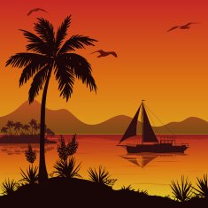Tropical Sea Landscape with Palms and Ship