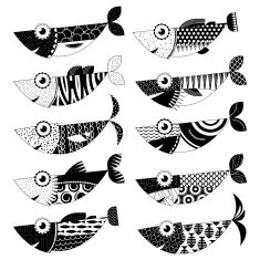 Set of 10 black and white decorated fishes Sardines