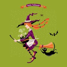 Little witch on broom with cauldron and cat Happy halloween