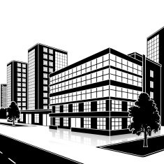 silhouette office building with an entrance and reflection N16