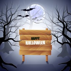 Foggy forest with wooden sign Halloween background