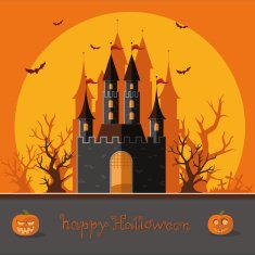 Happy Halloween dark castle on the moon background Flat illustration N2