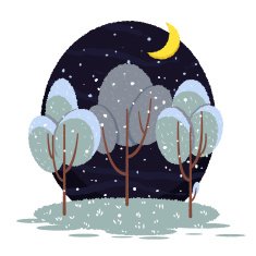 Cute vector illustration with winter snowy trees at night